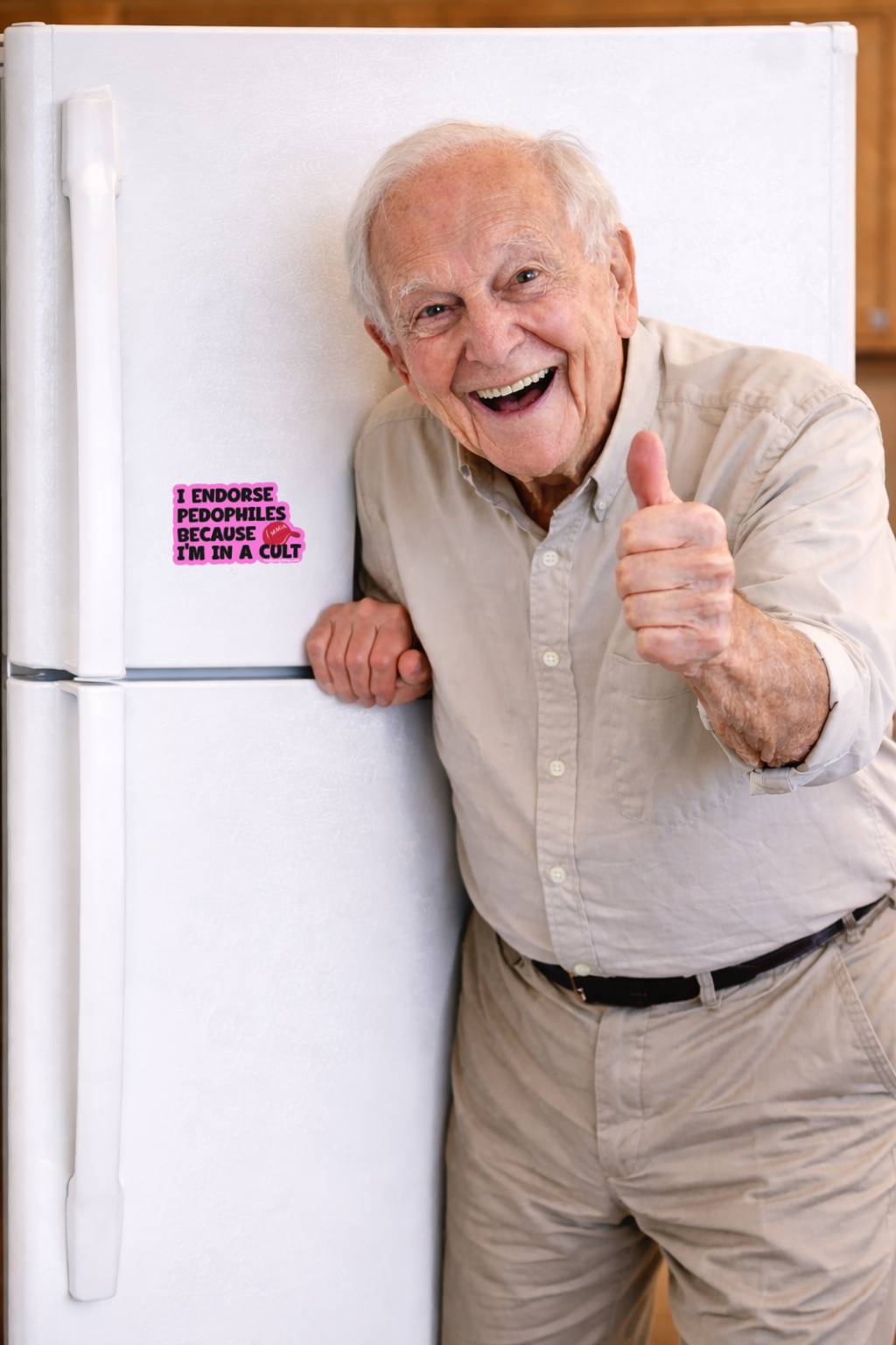 Man giving a thumbs up next to a refrigerator with a humorous magnet on it.