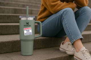 A Stanley handled tumbler in sage green sits on concrete steps next to a person sitting on the same steps, wearing a mustard yellow sweater, blue jeans, and white sneakers.