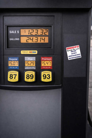 Close-up of a black gas pump display showing sale price, gallons, and fuel grades 87, 89, and 93, with a 'Murdered By ICE' sticker on the side panel.