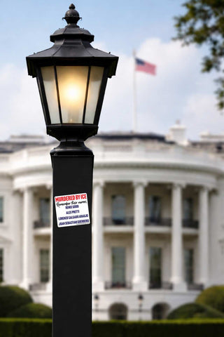 A black outdoor street lamp post with a lit glass lantern, photographed outdoors in front of a blurred white building and sky. A warning sticker is attached near the bottom of the post.