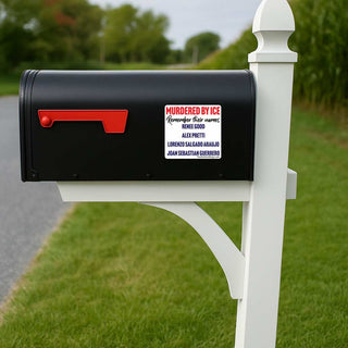 A black mailbox mounted on a white post outdoors beside a road, with a red flag and a white novelty label that reads 'MURDERED BY ICE' and lists names.