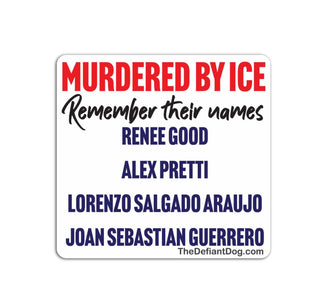 A rectangular printed sign or sticker with rounded corners on a white background. The text reads 'MURDERED BY ICE' in red, followed by 'Remember their names' in black script, and the names Renee Good, Alex Pretti, Lorenzo Salgado Araujo, and Joan Sebastian Guerrero in blue.