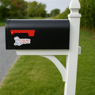 Black mailbox with a red handle on a white post in a grassy area.