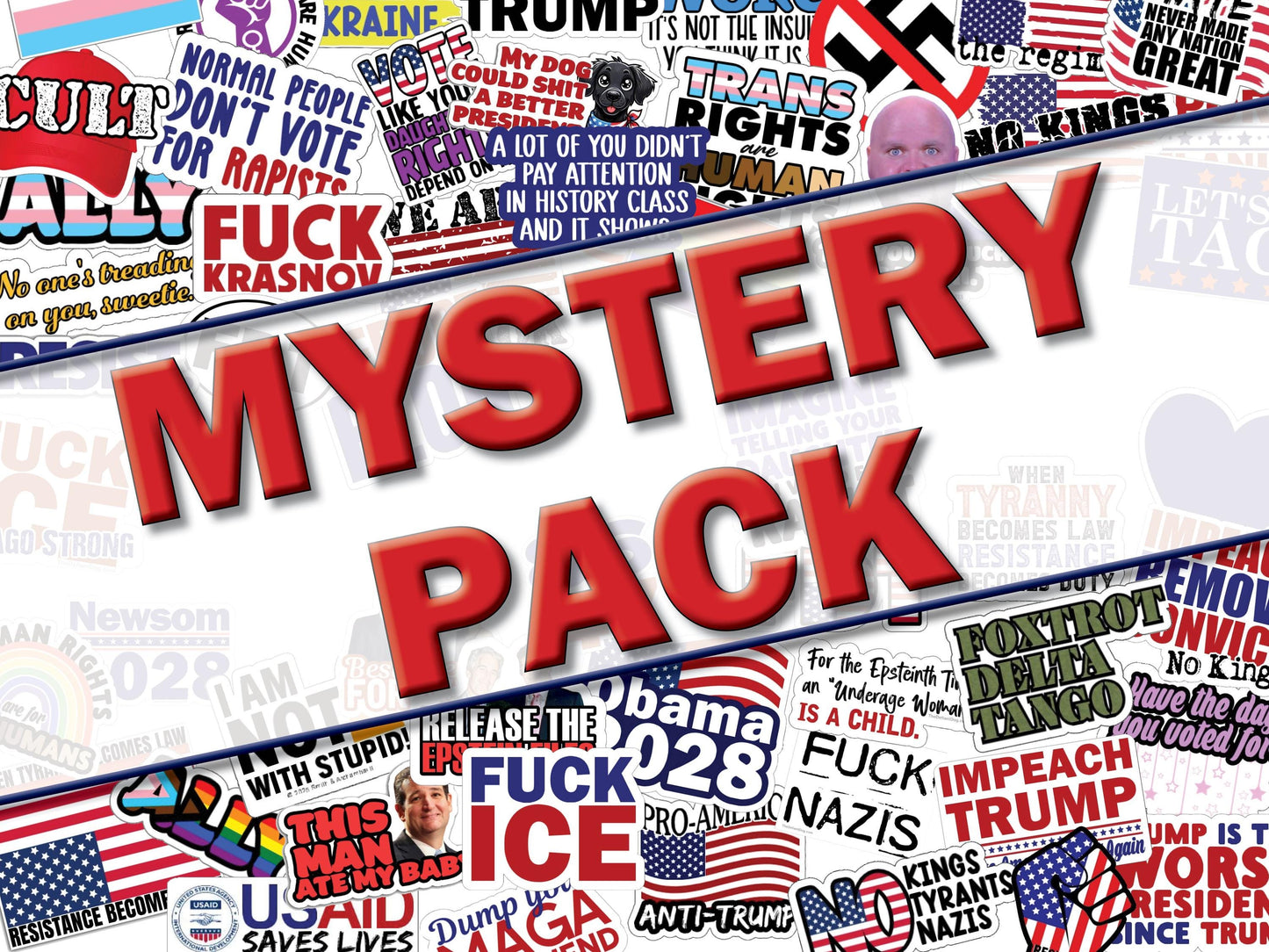 Collage of various political stickers with prominent text and graphics, including 'Mystery Pack' and political slogans.