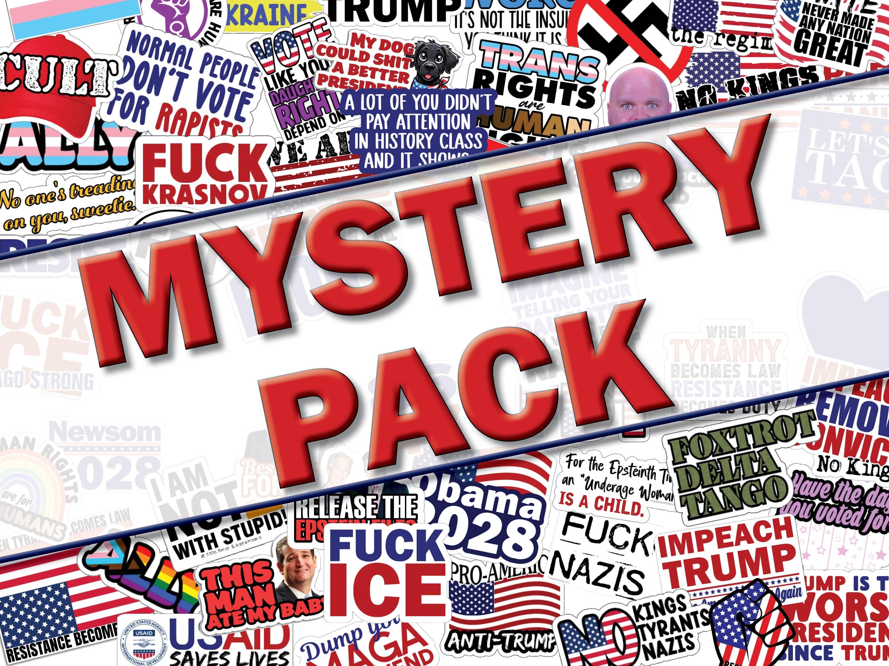 Collage of various political stickers with prominent text and graphics, including 'Mystery Pack' and political slogans.