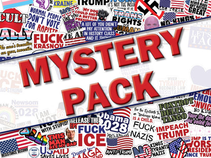 Collage of various political stickers with prominent text and graphics, including 'Mystery Pack' and political slogans.