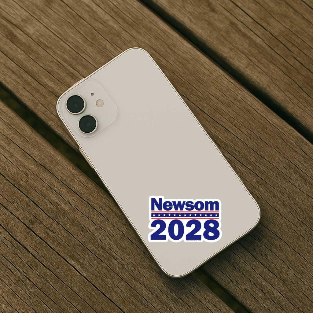 Phone case with 'Newsom 2028' design on a wooden surface