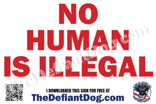 Political sticker with 'No Human is Illegal' text and branding information.