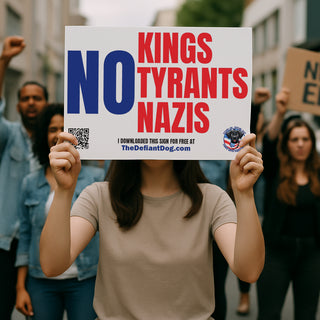 Free protest sign that says 'No Kings No Tyrants No Nazis' in bold patriotic colors