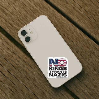 Phone case with 'No Kings Tyrants Nazis' text and American flag design on a wooden surface