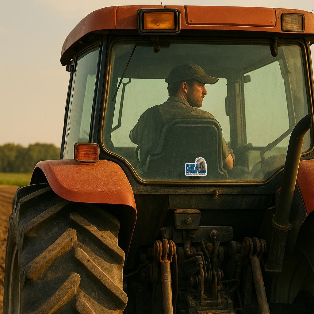 tractor with sticker showing an native american indian wearing a colorful head dress with the words "no one is illegal on stolen land.  we walk on native land"