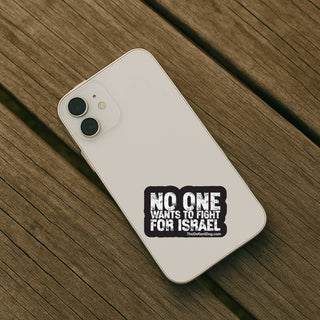 Phone case with 'No one wants to fight for Israel' text on a wooden surface
