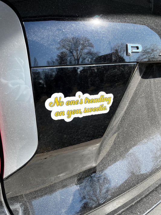 No one's treading on your sweetie magnet on the back of a car, offering a playful twist on the Gadsden flag with a pro-rights message.