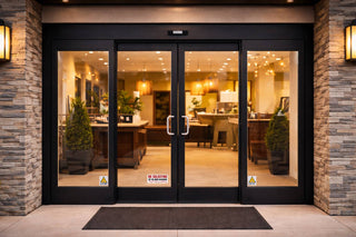 No soliciting anti Trump sticker on hotel glass entry doors political humor decal try the maga neighbors commercial building entrance