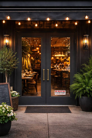 No soliciting anti Trump vinyl decal on restaurant glass doors funny political sign try the maga neighbors storefront entrance decal night lighting