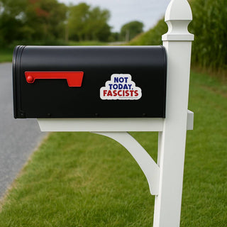 Sticker reading “Not today, fascists” on a black roadside mailbox