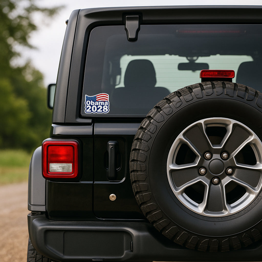 'Obama 2028' magnet or vinyl decal displayed on the back of a black Jeep. A bold, high-quality political sticker perfect for cars, laptops, fridges, or toolboxes. Great for activists, protestors, or anyone fed up with fascism.
