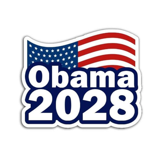 A bold magnet or vinyl decal that says "OBAMA 2028" with an American flag background, perfect for cars, laptops, and more.
