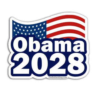 Sticker with American flag design and 'Obama 2028' text on a white background