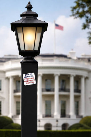 Consent and women’s rights sticker reading Only Yes Means Yes Everything Else Is Rape That’s It displayed on a black lamp post with the White House in the background.