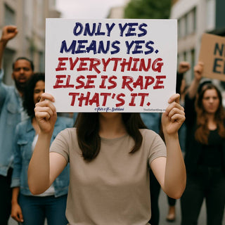 woman holding a sign at a protest that says only yes means yes everything else is rape. that's it Abir Al-Sahlani