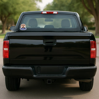 Anti-Trump sticker design featuring “Orange Mussolini Has a Teenie Weenie” with Trump image, available as a weatherproof magnet, vinyl decal, or sticker pack Ford pick up truck