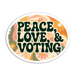 An oval sticker with the text 'PEACE, LOVE, & VOTING' in dark green retro lettering over a retro floral pattern in orange, pink, yellow, and beige, on a solid white background.