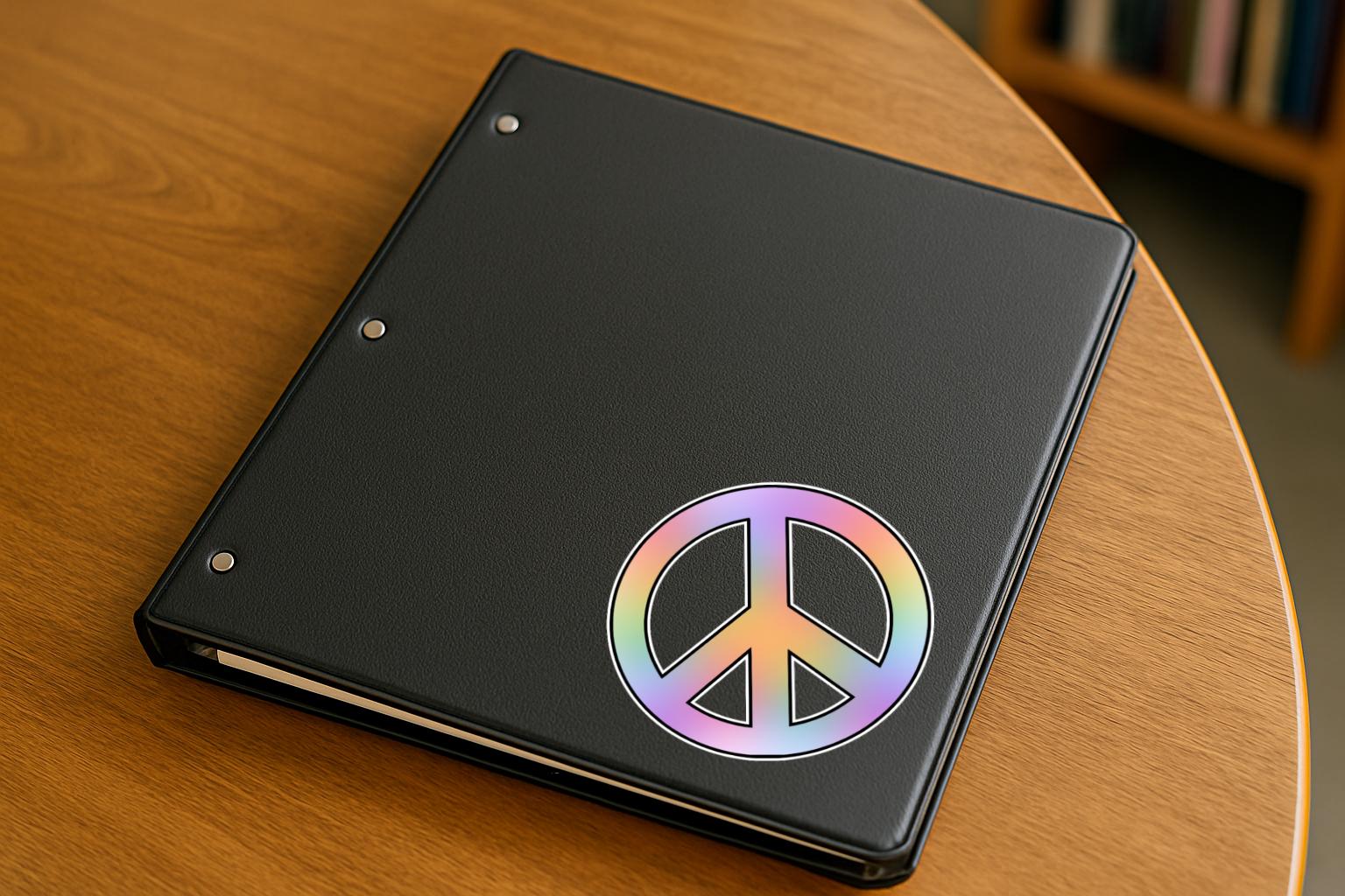Pastel rainbow gradient peace sign with bold black outline, symbolizing anti-war, love, and unity.