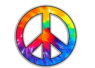 Tie-dye rainbow peace sign in bold colors with black outline, symbolizing love, unity, and protest.