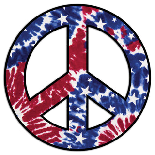 A circular peace sign graphic with a red, white, and blue tie-dye pattern and white stars, outlined in black on a white background.