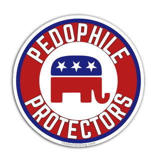 Pedophile Protectors GOP circular political sticker design with red white blue elephant graphic, anti Republican vinyl decal product image