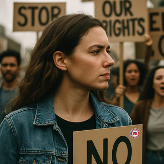 Woman at protest holding sign reading NO with Stop Our Rights sign in background, Pedophile Protectors GOP political sticker shown on protest sign, anti Republican activist rally scene