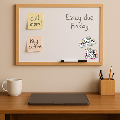 two stickers on a dry erase board above a desk.  once says you matter and the other says keep going.  both have thedefiantdog.com on them.