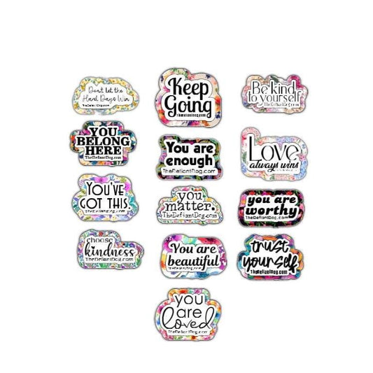 positive affirmation stickers with floral borders on a white background