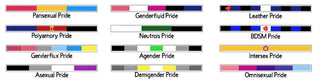 Minimalist LGBTQ pride bar vinyl decal options featuring genderfluid, agender, intersex, queer, demigirl, demiboy, and polyamory pride flags