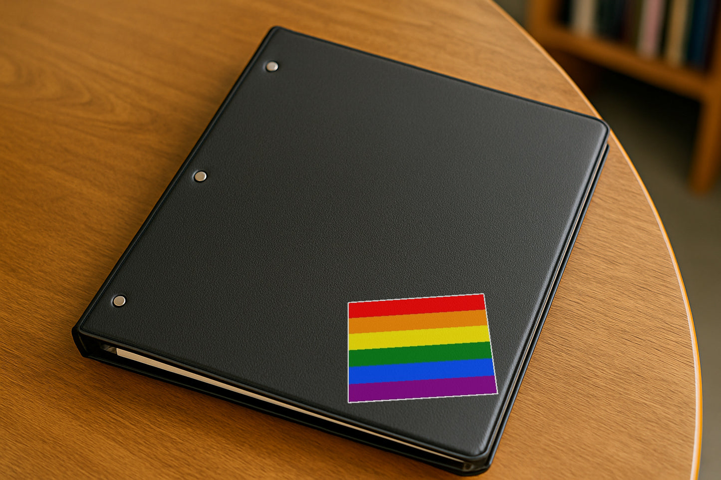 'Gay Pride Flag' magnet or vinyl decal displayed on a black binder. A bold, high-quality political sticker perfect for cars, laptops, fridges, or toolboxes. Great for activists, protestors, or anyone fed up with fascism.