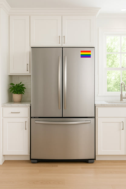 'Gay Pride Flag' magnet or vinyl decal displayed on a stainless steel refrigerator. A bold, high-quality political sticker perfect for cars, laptops, fridges, or toolboxes. Great for activists, protestors, or anyone fed up with fascism.