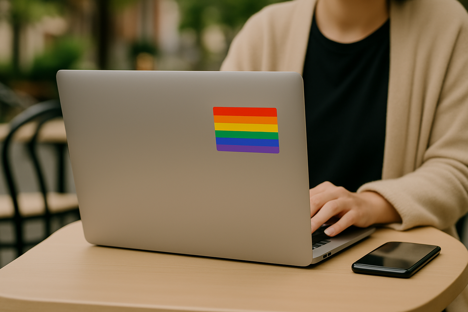 'Gay Pride Flag' magnet or vinyl decal displayed on the back of a laptop. A bold, high-quality political sticker perfect for cars, laptops, fridges, or toolboxes. Great for activists, protestors, or anyone fed up with fascism.