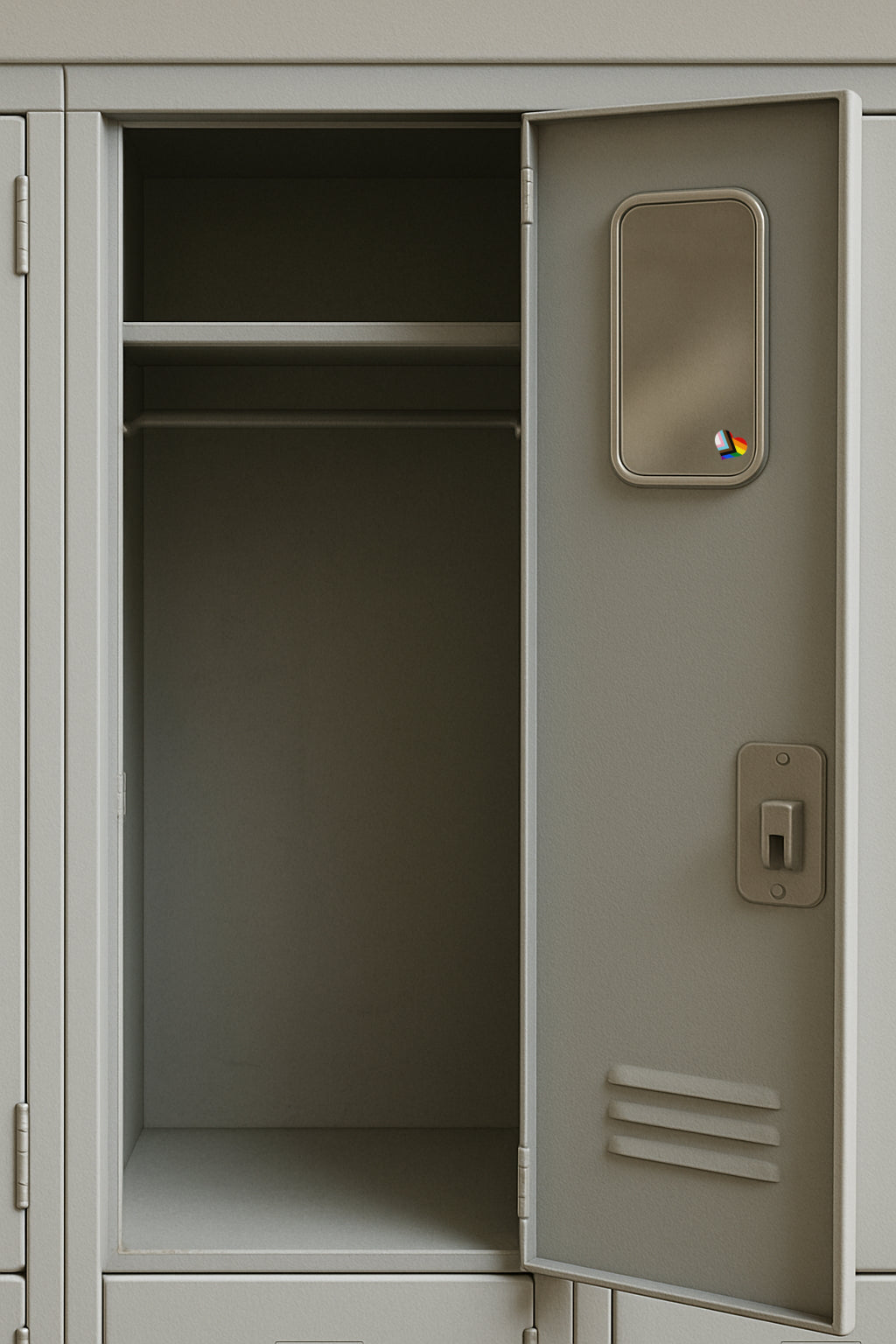 Open gray locker with a colorful logo on the door.