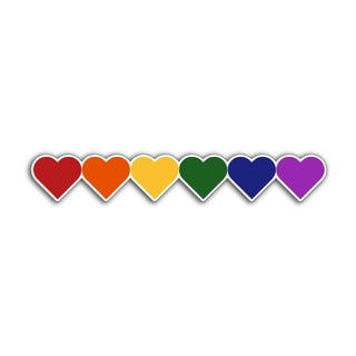 A row of six rainbow hearts in red, orange, yellow, green, blue, and purple, representing LGBTQ pride and unity.