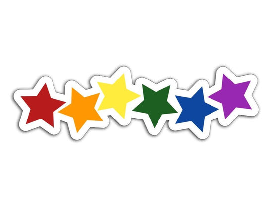 Six rainbow-colored stars—red, orange, yellow, green, blue, and purple—outlined in white with soft shadow, symbolizing LGBTQ+ pride and unity.