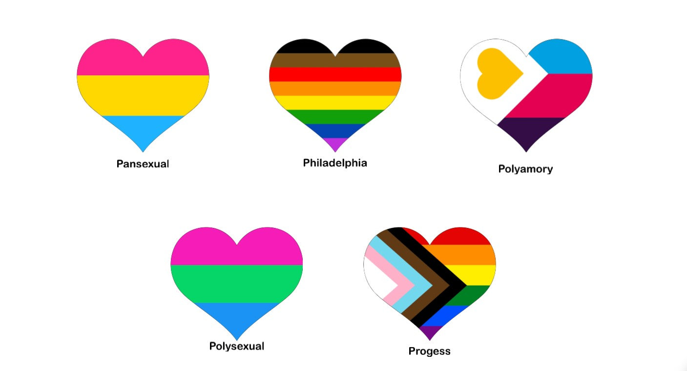 Set of heart-shaped pride flags representing different sexual orientations on a white background.