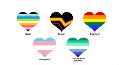 Set of heart-shaped pride flags with labels for different sexual orientations on a white background.