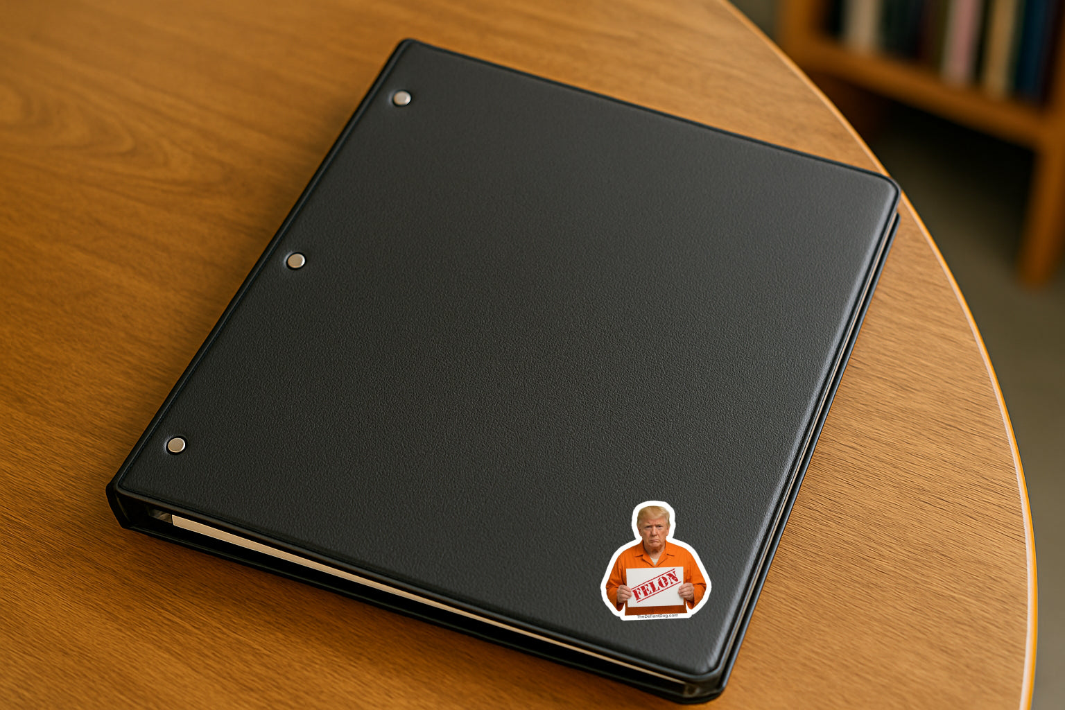 Anti-Trump sticker design featuring “Orange Mussolini Has a Teenie Weenie” with Trump image, available as a weatherproof magnet, vinyl decal, or sticker pack on a binder in a college library.