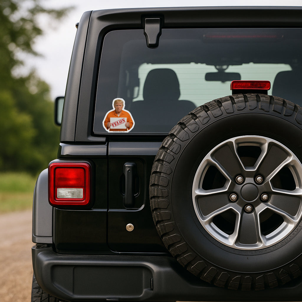 Anti-Trump sticker design featuring “Orange Mussolini Has a Teenie Weenie” with Trump image, available as a weatherproof magnet, vinyl decal, or sticker pack on a Jeep Wrangler.