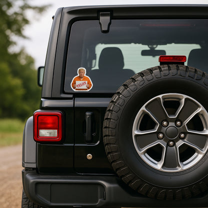 Anti-Trump sticker design featuring “Orange Mussolini Has a Teenie Weenie” with Trump image, available as a weatherproof magnet, vinyl decal, or sticker pack on a Jeep Wrangler.