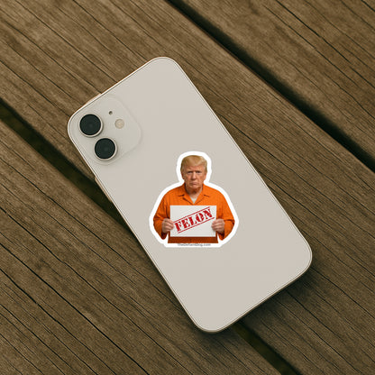 Anti-Trump sticker design featuring “Orange Mussolini Has a Teenie Weenie” with Trump image, available as a weatherproof magnet, vinyl decal, or sticker pack on an iphone.
