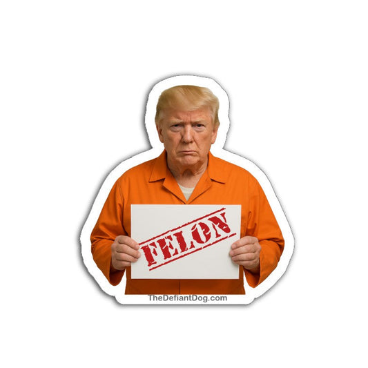 Anti-Trump sticker design featuring “Orange Mussolini Has a Teenie Weenie” with Trump image, available as a weatherproof magnet, vinyl decal, or sticker pack.