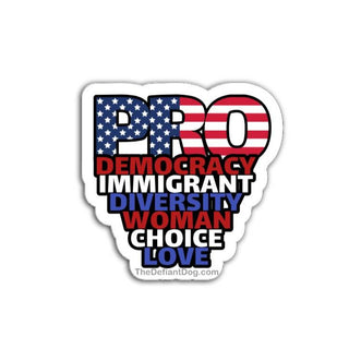 A high-resolution studio shot of a die-cut vinyl sticker against a plain white background. The sticker features the word "PRO" in large letters with a stars-and-stripes American flag pattern. Below it, the words "Democracy, Immigrant, Diversity, Woman, Choice, Love" are stacked in bold, multi-colored capital letters. A subtle drop shadow gives the sticker a 3D effect.