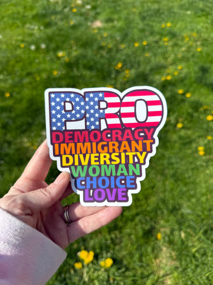 Patriotic rainbow “PRO Democracy, Immigrant, Diversity, Woman, Choice, Love” decal held by hand over green grass.
